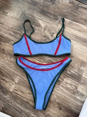 PacSun Light Blue Bikini with Green Trim and Red Accents